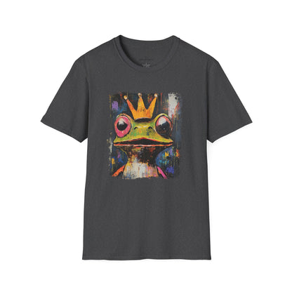 Black t-shirt with a colorful frog graphic wearing a crown on a white background