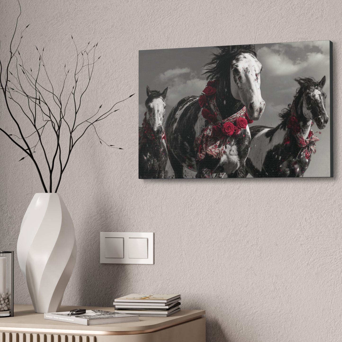 Crimson Stampede-Boho Running Horse Wall Art Print, Floral Horse Trio Canvas, Black and White Western Horse Decor