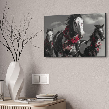 Crimson Stampede-Boho Running Horse Wall Art Print, Floral Horse Trio Canvas, Black and White Western Horse Decor