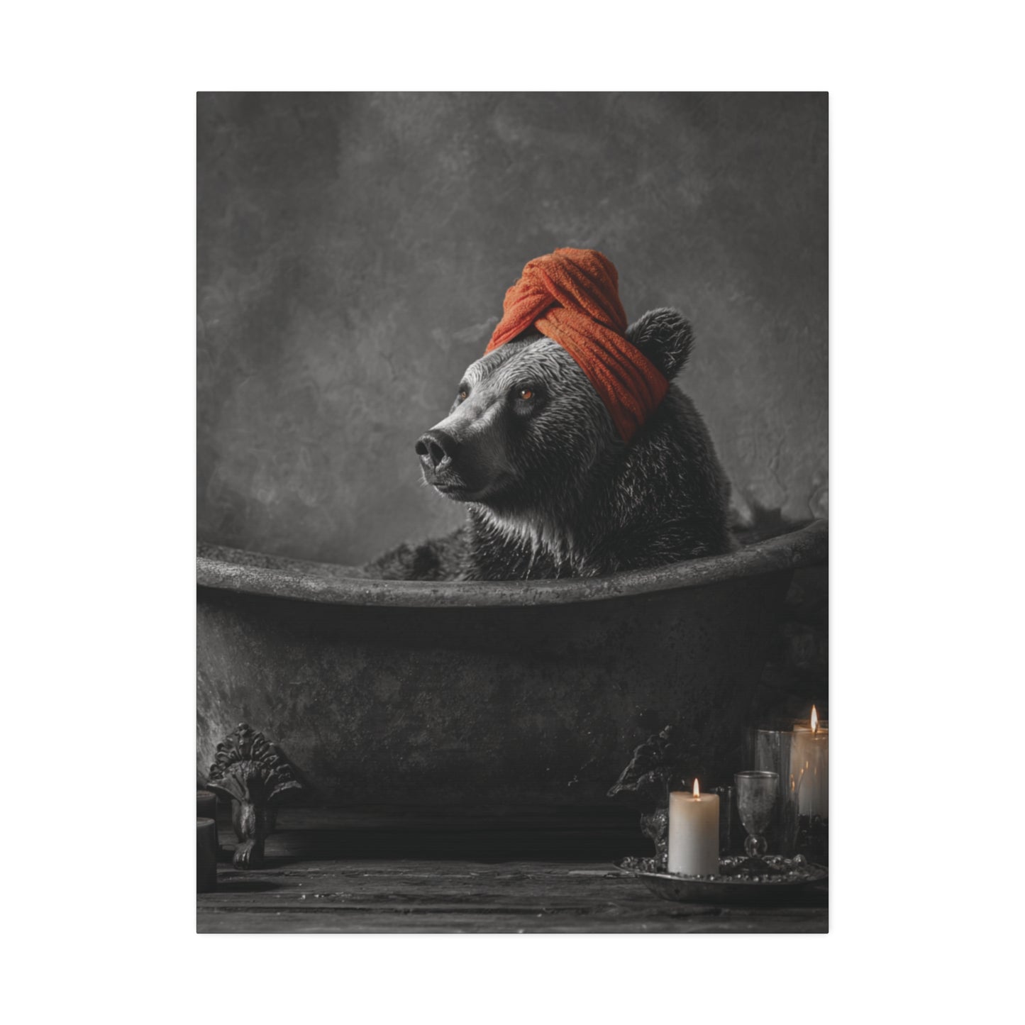 Bearly Relaxed – Spa Bear Wall Art in Rustic Tub with Orange Towel and Candles
