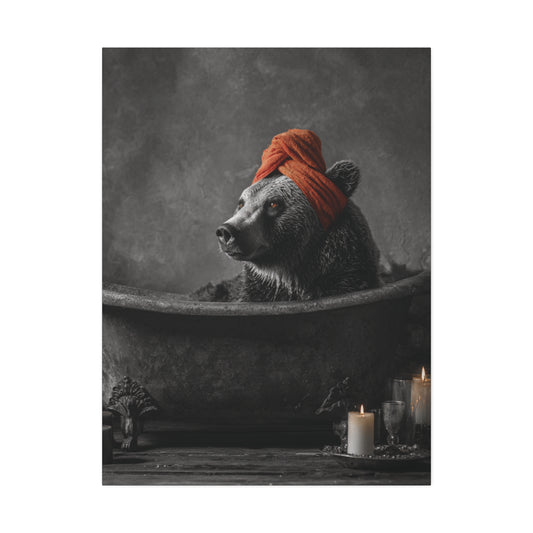 Bearly Relaxed – Spa Bear Wall Art in Rustic Tub with Orange Towel and Candles