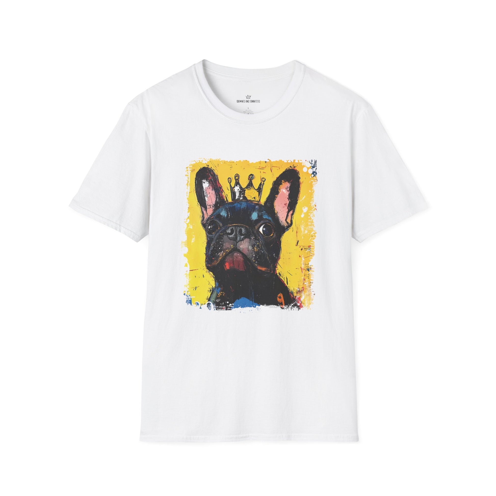 White t-shirt with a colorful French Bulldog graphic on a white background
