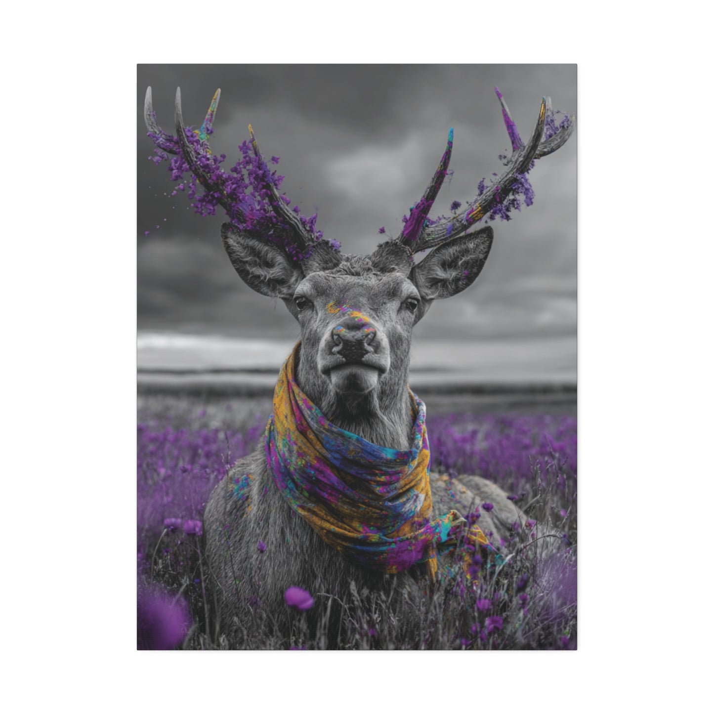 Crowned in Violet – Black & White Deer Canvas Wall Art with Purple Wildflowers & Boho Scarf | Mystical Woodland Wildlife Print | Nature-Inspired Home Decor