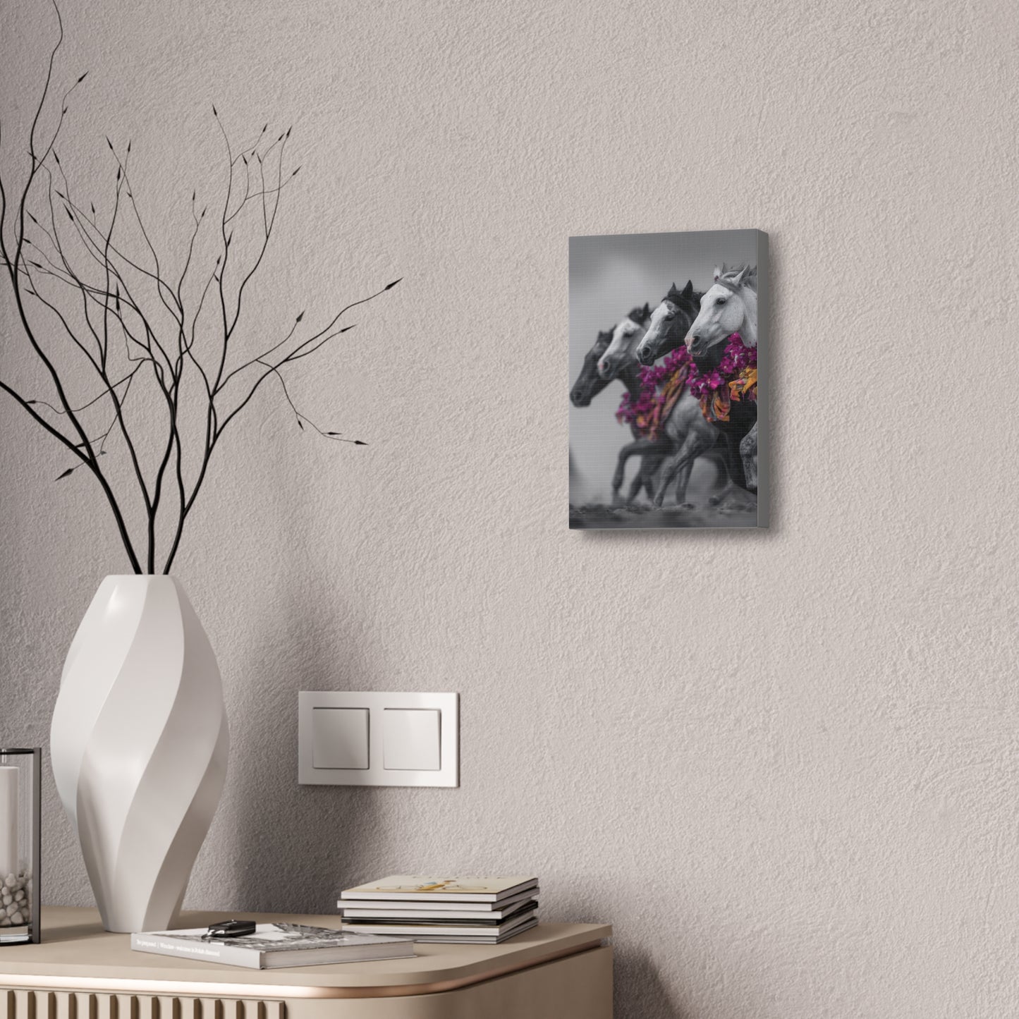 Fuchsia Fury-Running Horse Wall Art Print, Boho Floral Horse Herd Canvas, Pink Wild Horse Decor, Western Artwork