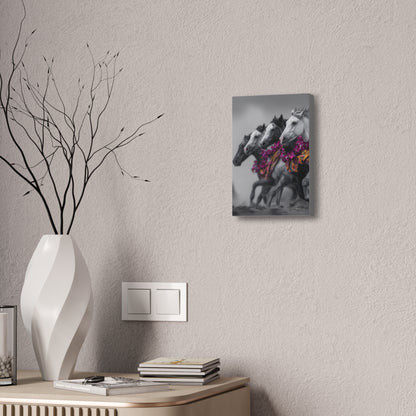 Fuchsia Fury-Running Horse Wall Art Print, Boho Floral Horse Herd Canvas, Pink Wild Horse Decor, Western Artwork