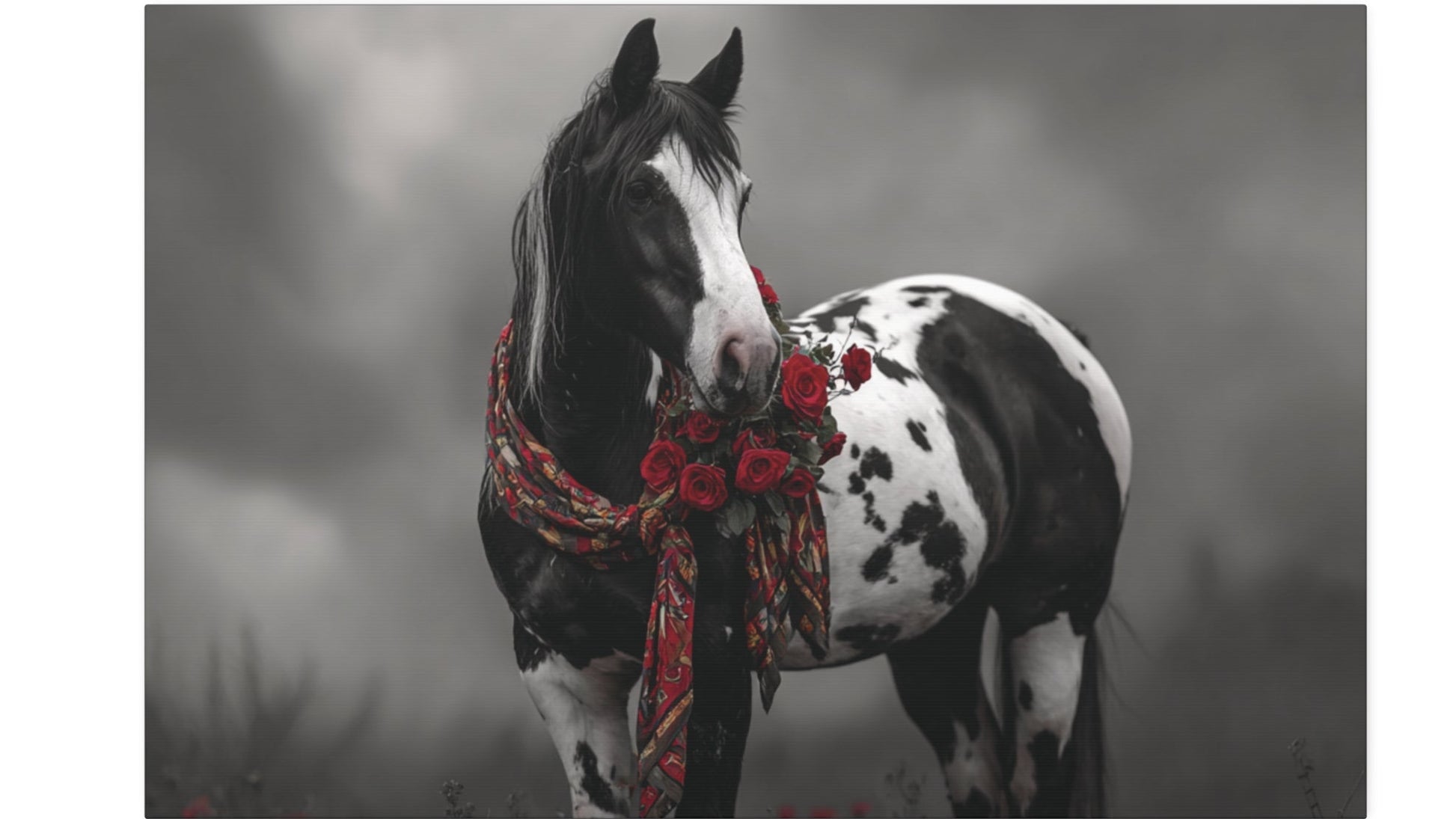Horse with a decorative bridle in a misty landscape