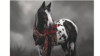 Horse with a decorative bridle in a misty landscape