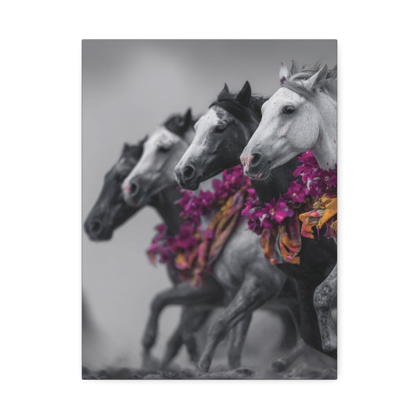 Fuchsia Fury-Running Horse Wall Art Print, Boho Floral Horse Herd Canvas, Pink Wild Horse Decor, Western Artwork