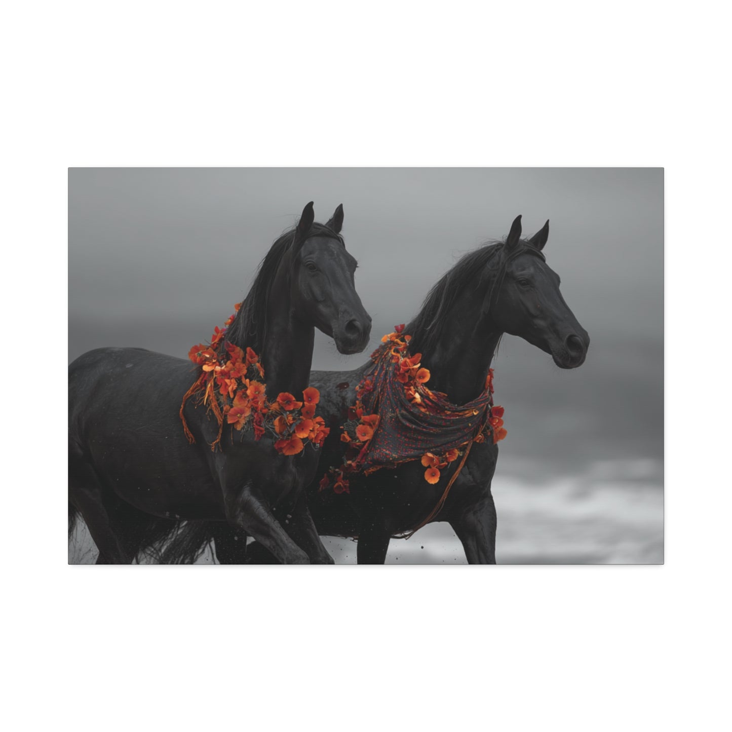 Autumn Noir-Black Horse Wall Art Print, Running Horse Pair Canvas, Floral Boho Horse Decor, Western Animal Artwork