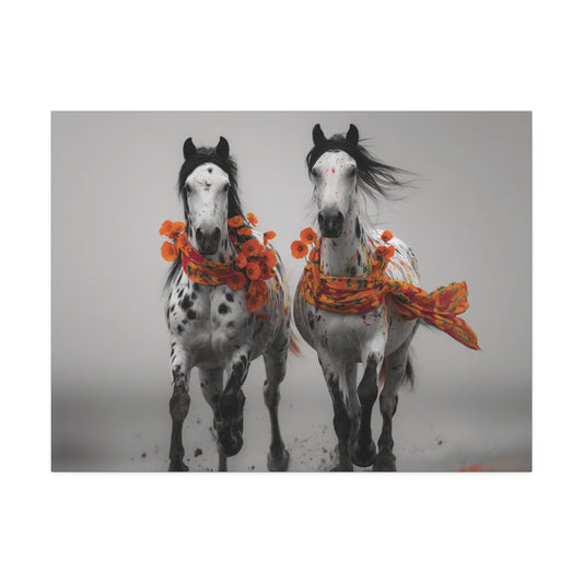 Sunburst Sisters-Running Horse Wall Art Print, Horse Pair Canvas, Boho Floral Horse Decor, White Horse Western Artwork