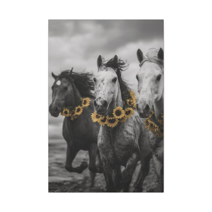 Sunflower Stallions – Black and White Wild Horse Canvas Art with Yellow Accents