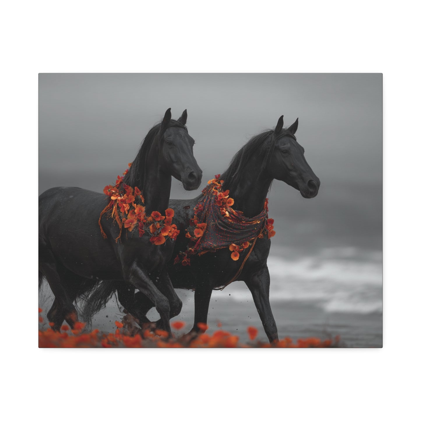 Autumn Noir-Black Horse Wall Art Print, Running Horse Pair Canvas, Floral Boho Horse Decor, Western Animal Artwork