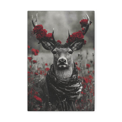Crowned in Crimson – Regal Wildlife Canvas Art with Red Floral Crown