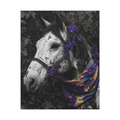 Violet Reverie – Black and White Wild Horse Canvas Art with Purple Accents