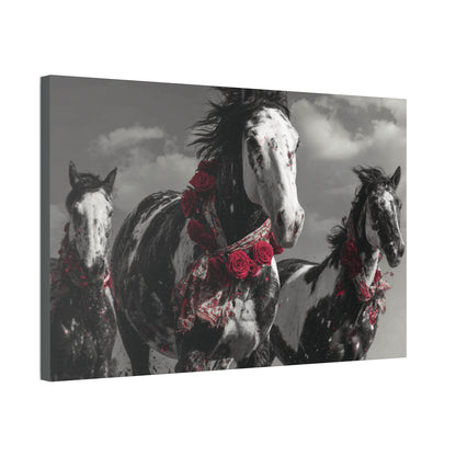 Crimson Stampede-Boho Running Horse Wall Art Print, Floral Horse Trio Canvas, Black and White Western Horse Decor