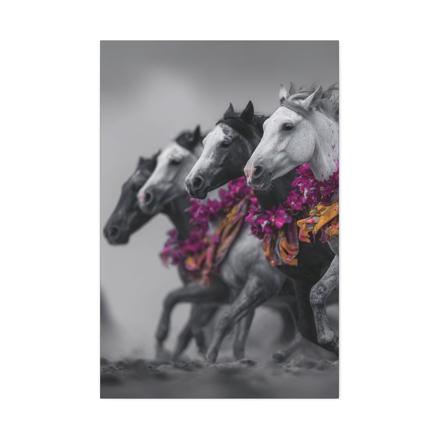 Fuchsia Fury-Running Horse Wall Art Print, Boho Floral Horse Herd Canvas, Pink Wild Horse Decor, Western Artwork