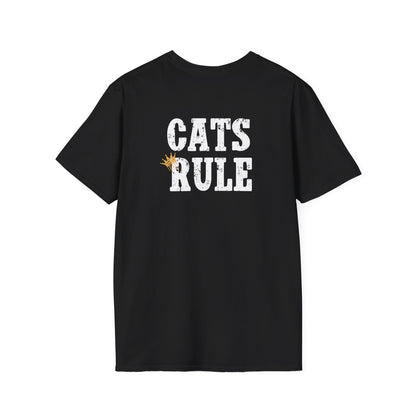 Black t-shirt with 'CATS RULE' text on a white background