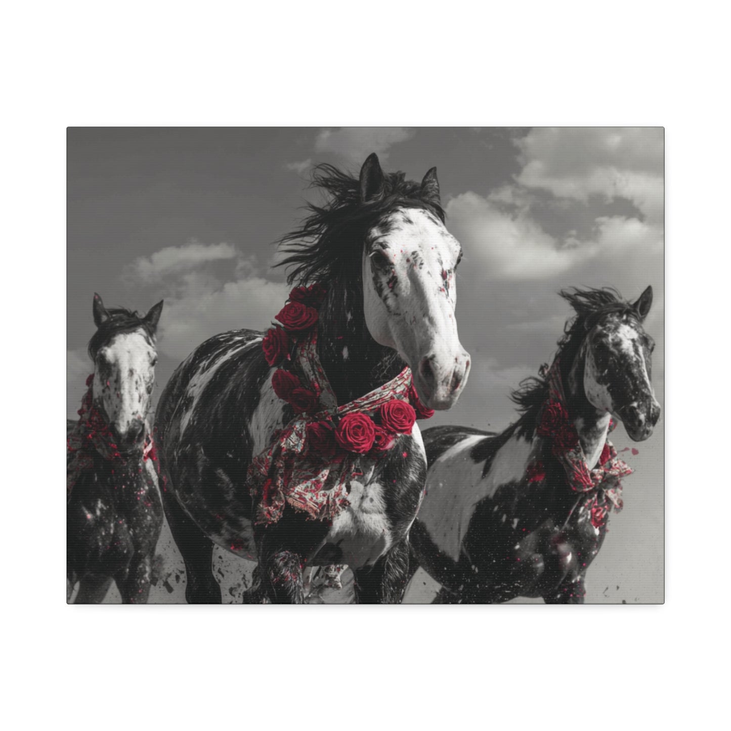Crimson Stampede-Boho Running Horse Wall Art Print, Floral Horse Trio Canvas, Black and White Western Horse Decor