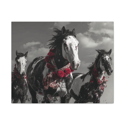 Crimson Stampede-Boho Running Horse Wall Art Print, Floral Horse Trio Canvas, Black and White Western Horse Decor