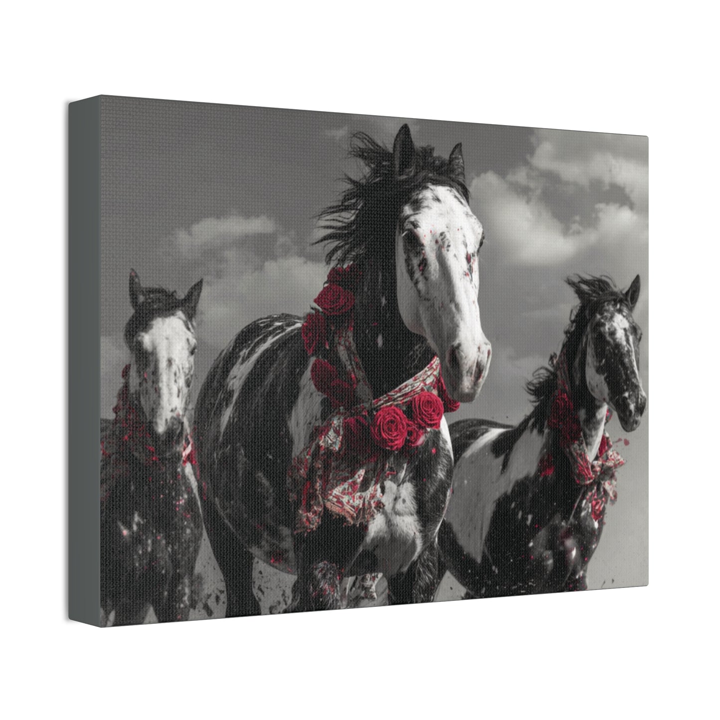 Crimson Stampede-Boho Running Horse Wall Art Print, Floral Horse Trio Canvas, Black and White Western Horse Decor