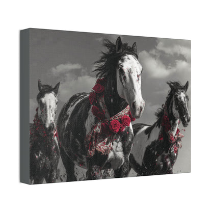Crimson Stampede-Boho Running Horse Wall Art Print, Floral Horse Trio Canvas, Black and White Western Horse Decor