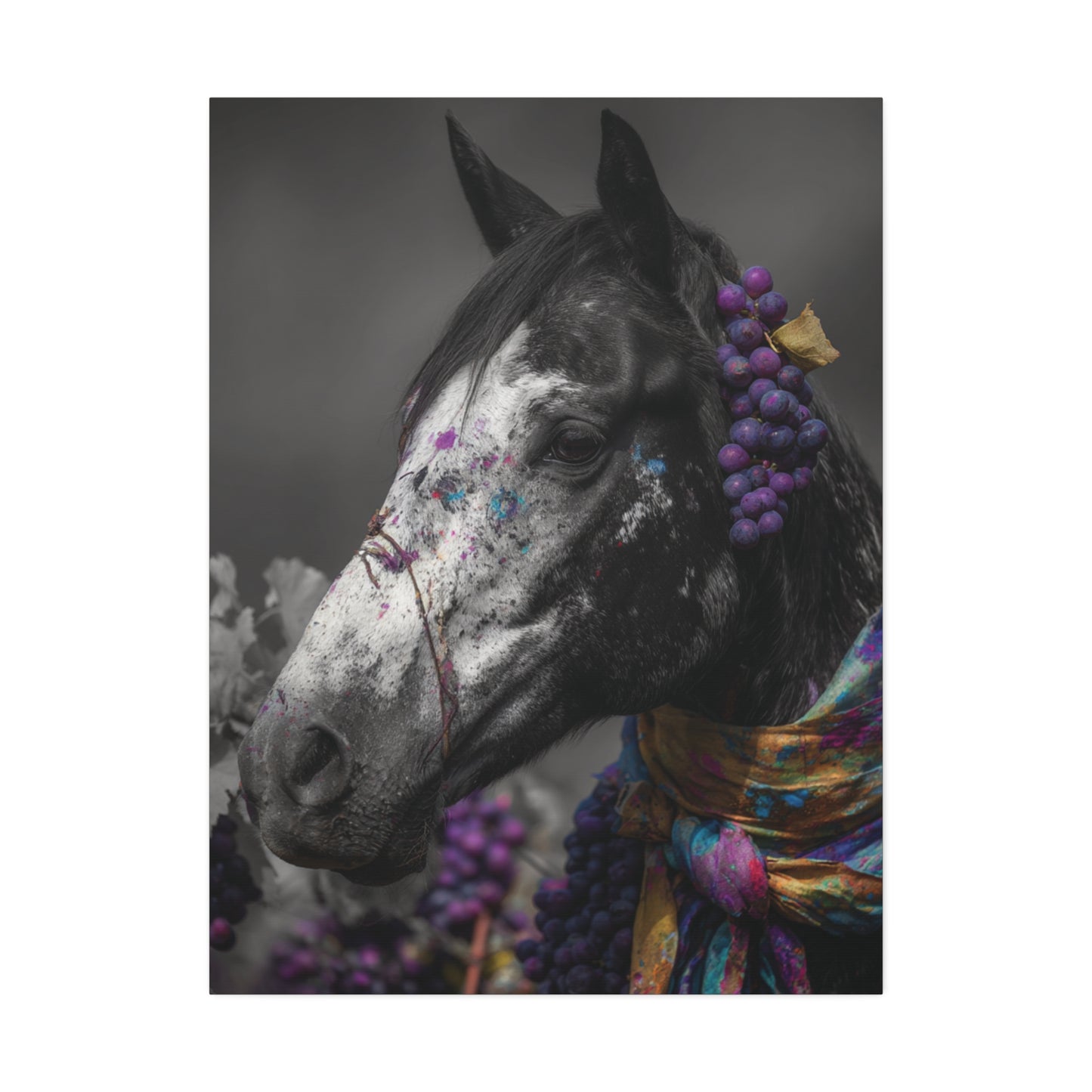 Vinyard Velvet-Horse Wall Art Print, Boho Vineyard Horse Canvas, Rustic Wine Decor, Western Animal Artwork