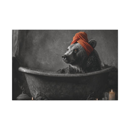 Bearly Relaxed – Spa Bear Wall Art in Rustic Tub with Orange Towel and Candles