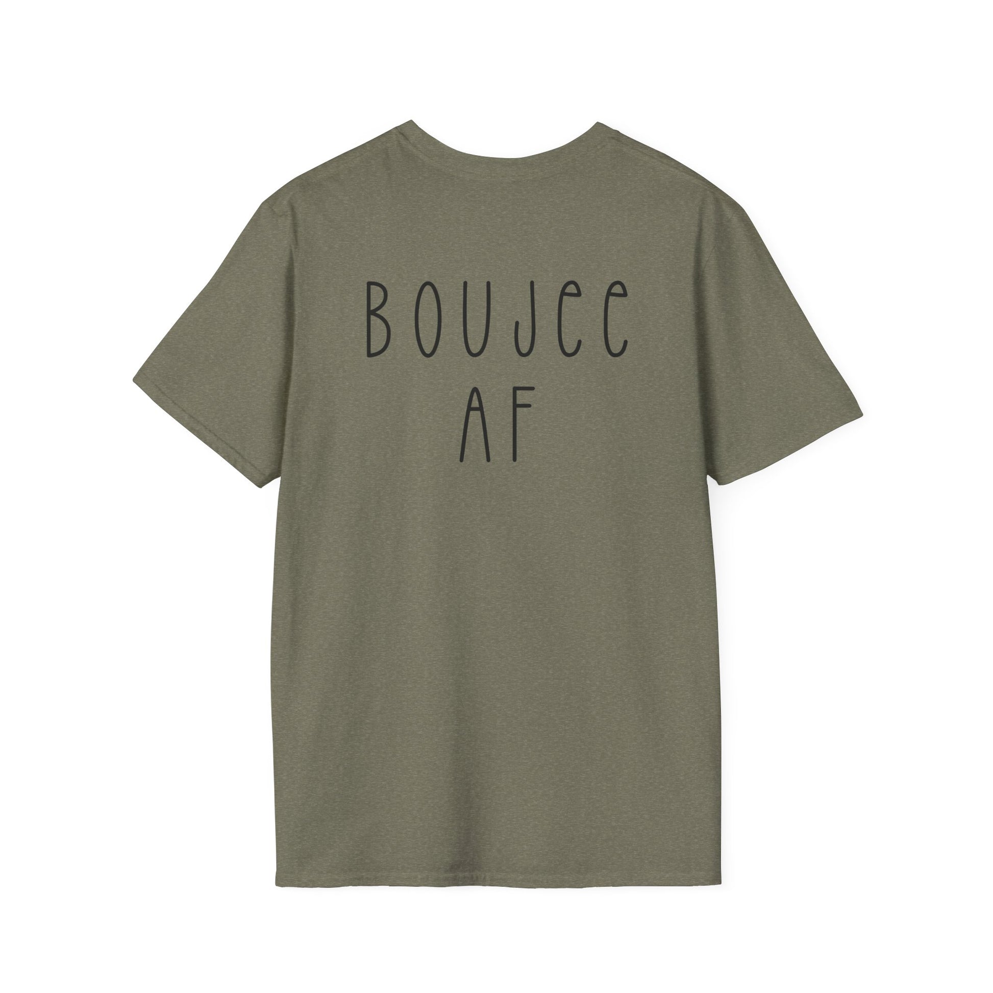 Green t-shirt with 'BOUJEE AF' text on the back against a white background