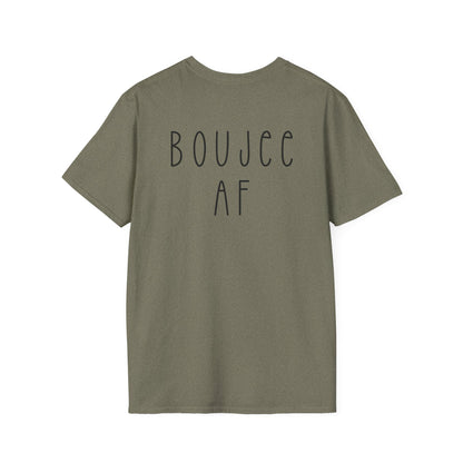 Green t-shirt with 'BOUJEE AF' text on the back against a white background