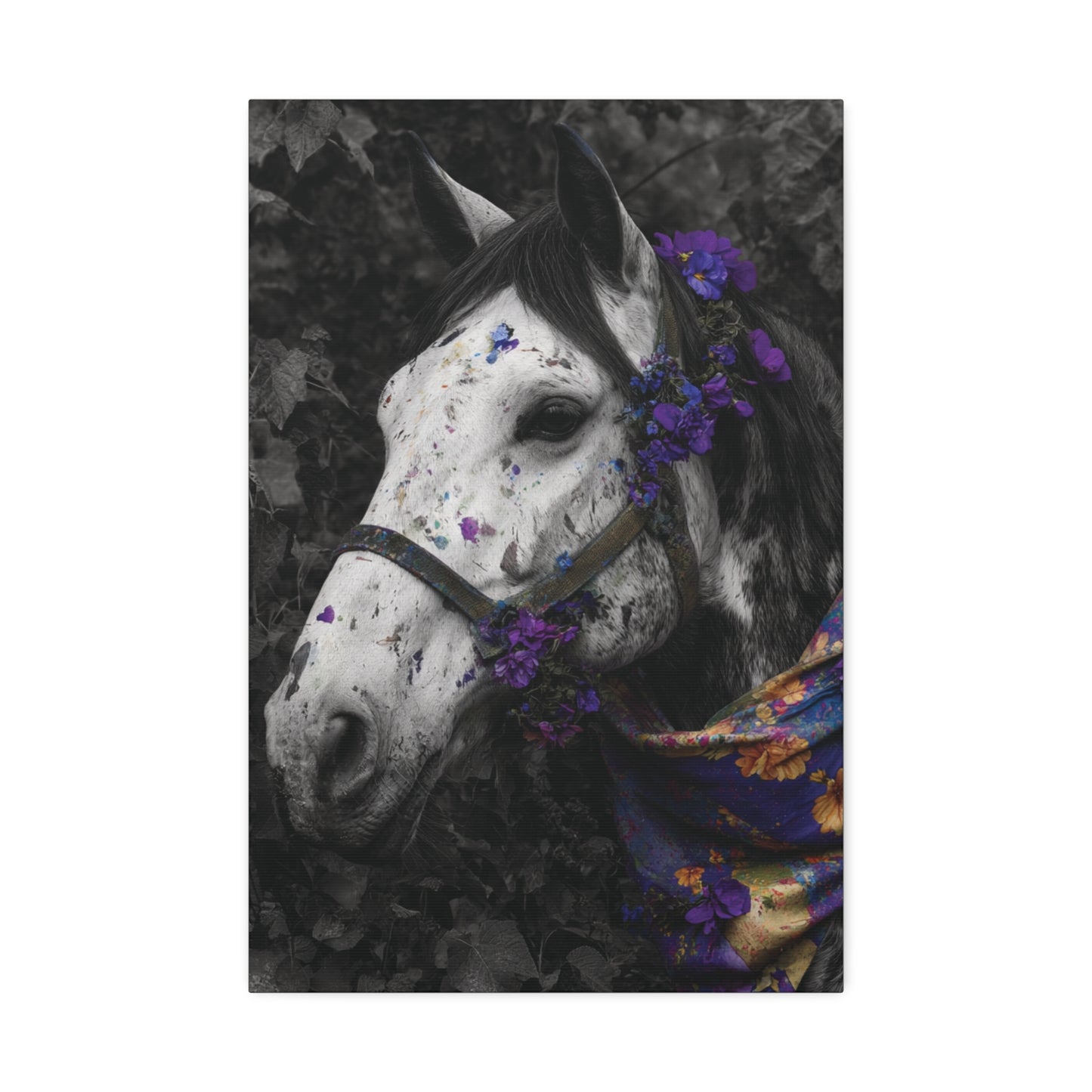 Violet Reverie – Black and White Wild Horse Canvas Art with Purple Accents