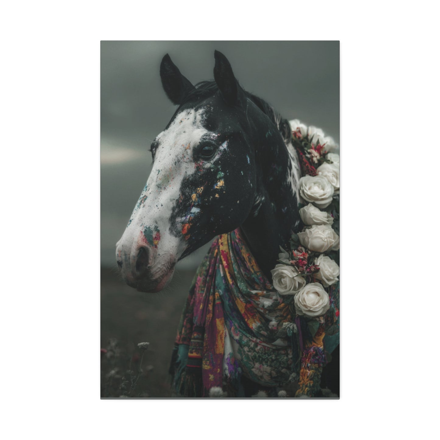 Bohemian Rhapsody- Boho Horse Wall Art Print, Black and White Floral Horse Canvas, Bohemian Rhapsody Western Decor