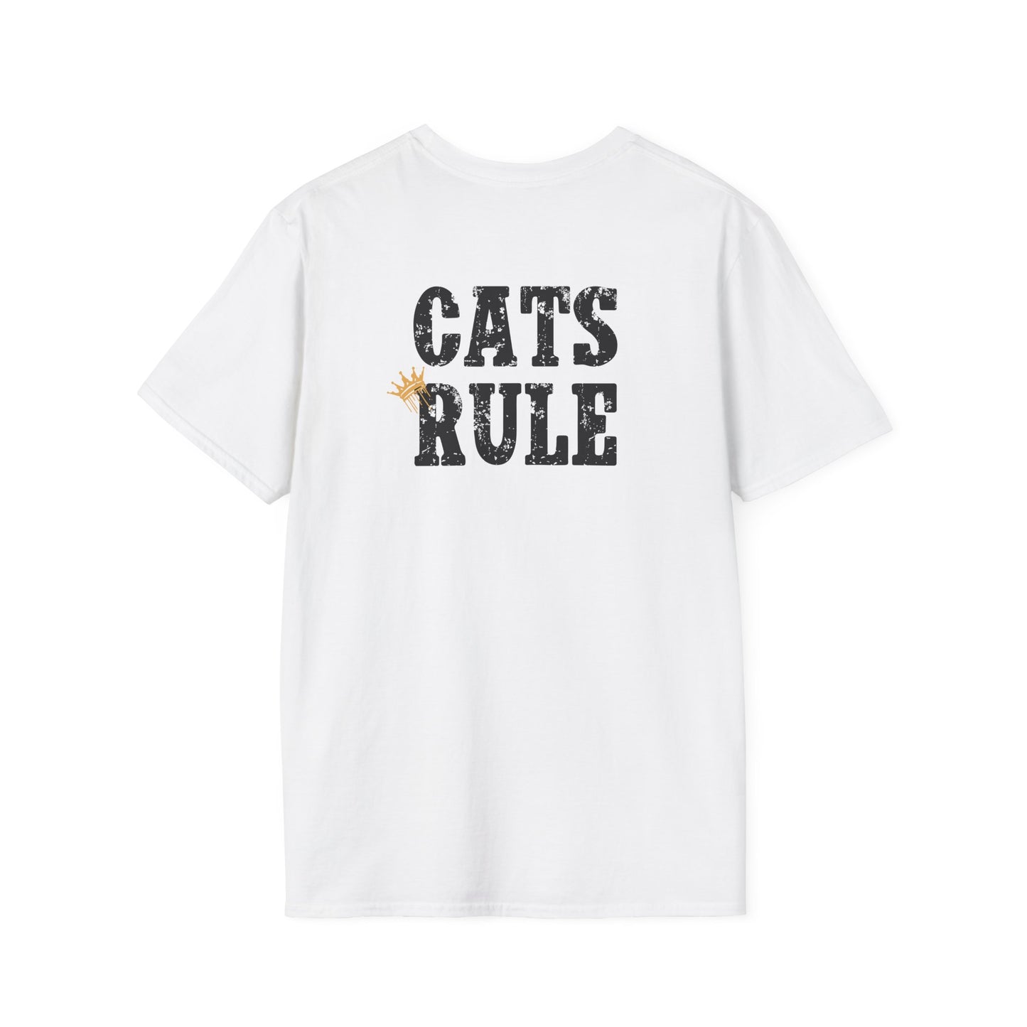 White t-shirt with 'CATS RULE' text on a white background