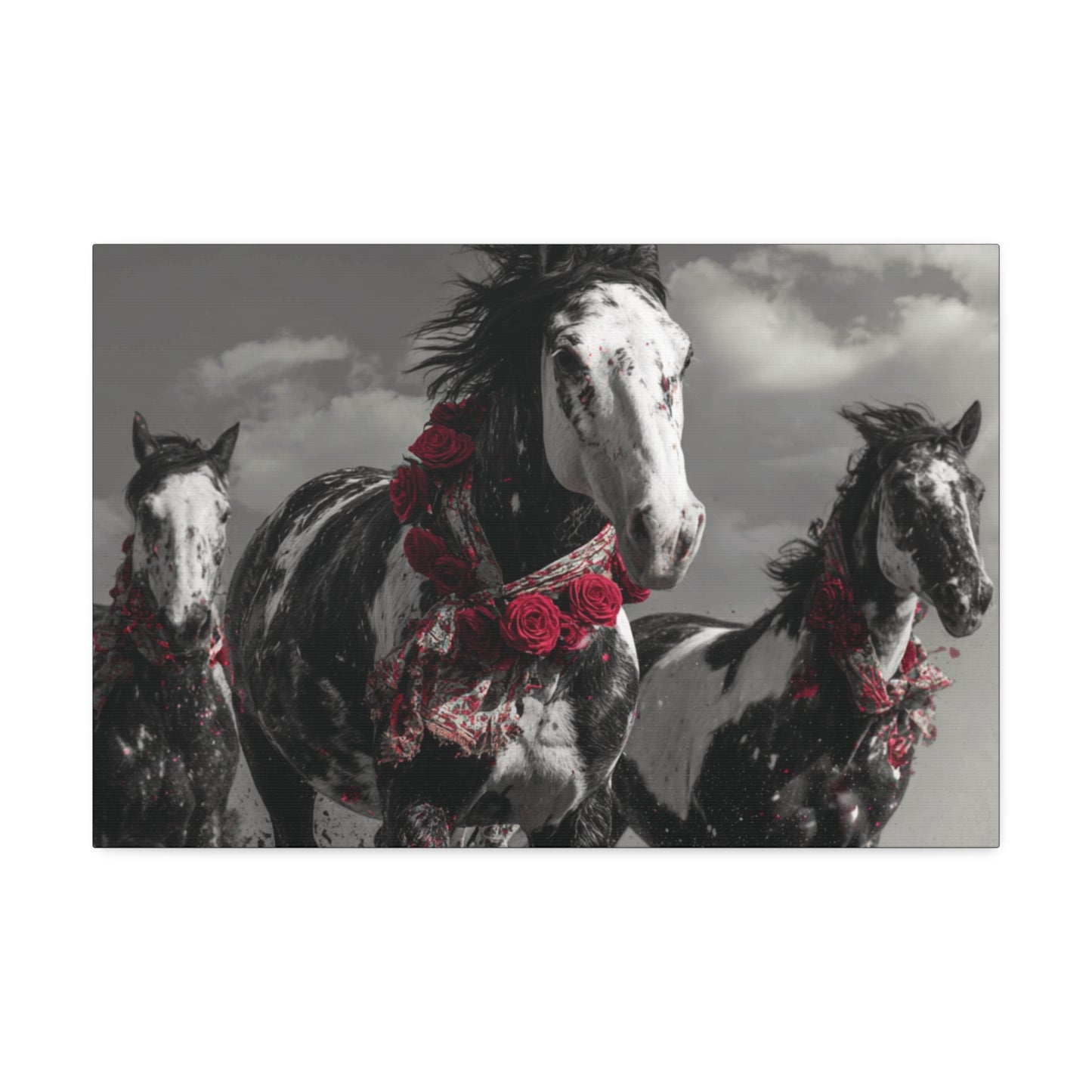 Crimson Stampede-Boho Running Horse Wall Art Print, Floral Horse Trio Canvas, Black and White Western Horse Decor