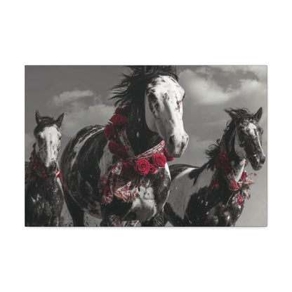 Crimson Stampede-Boho Running Horse Wall Art Print, Floral Horse Trio Canvas, Black and White Western Horse Decor