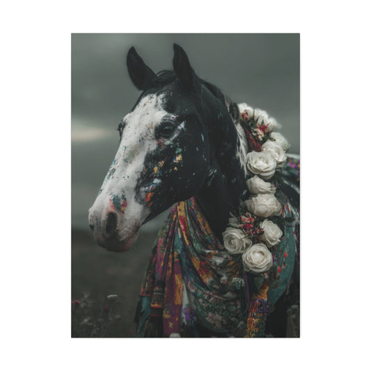 Bohemian Rhapsody- Boho Horse Wall Art Print, Black and White Floral Horse Canvas, Bohemian Rhapsody Western Decor