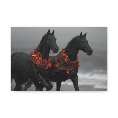 Autumn Noir-Black Horse Wall Art Print, Running Horse Pair Canvas, Floral Boho Horse Decor, Western Animal Artwork