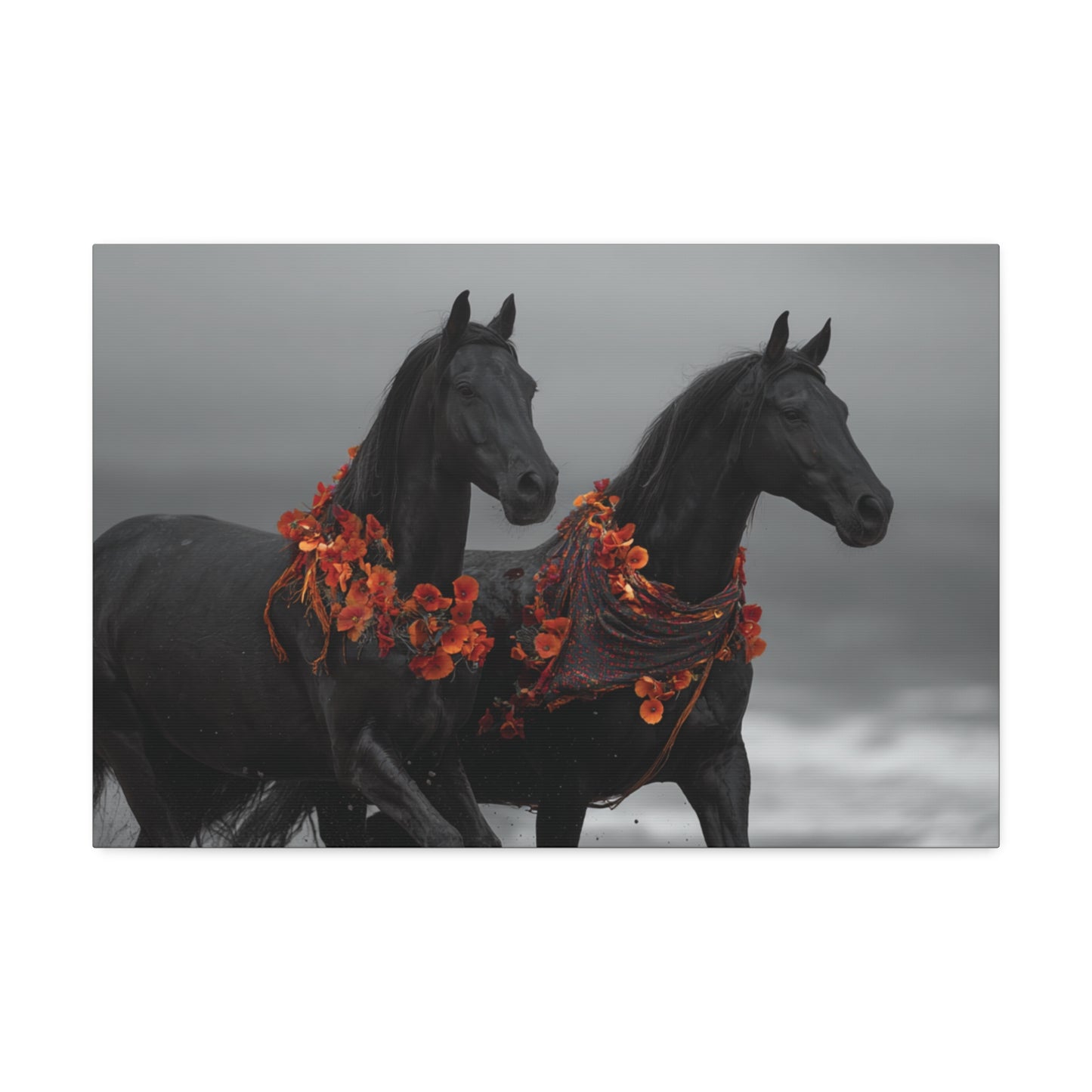 Autumn Noir-Black Horse Wall Art Print, Running Horse Pair Canvas, Floral Boho Horse Decor, Western Animal Artwork