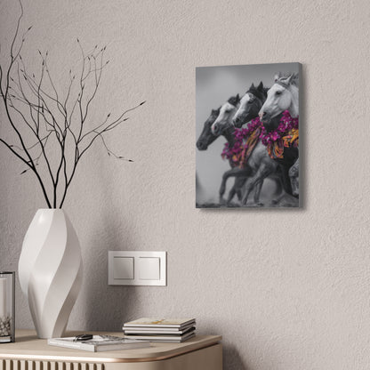 Fuchsia Fury-Running Horse Wall Art Print, Boho Floral Horse Herd Canvas, Pink Wild Horse Decor, Western Artwork
