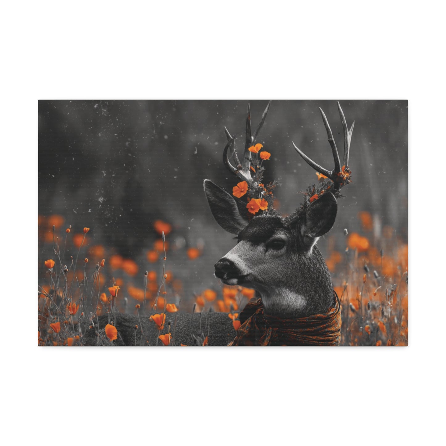 Orange Crush – Black and White Deer Canvas Wall Art with Poppy Flower Color Pop
