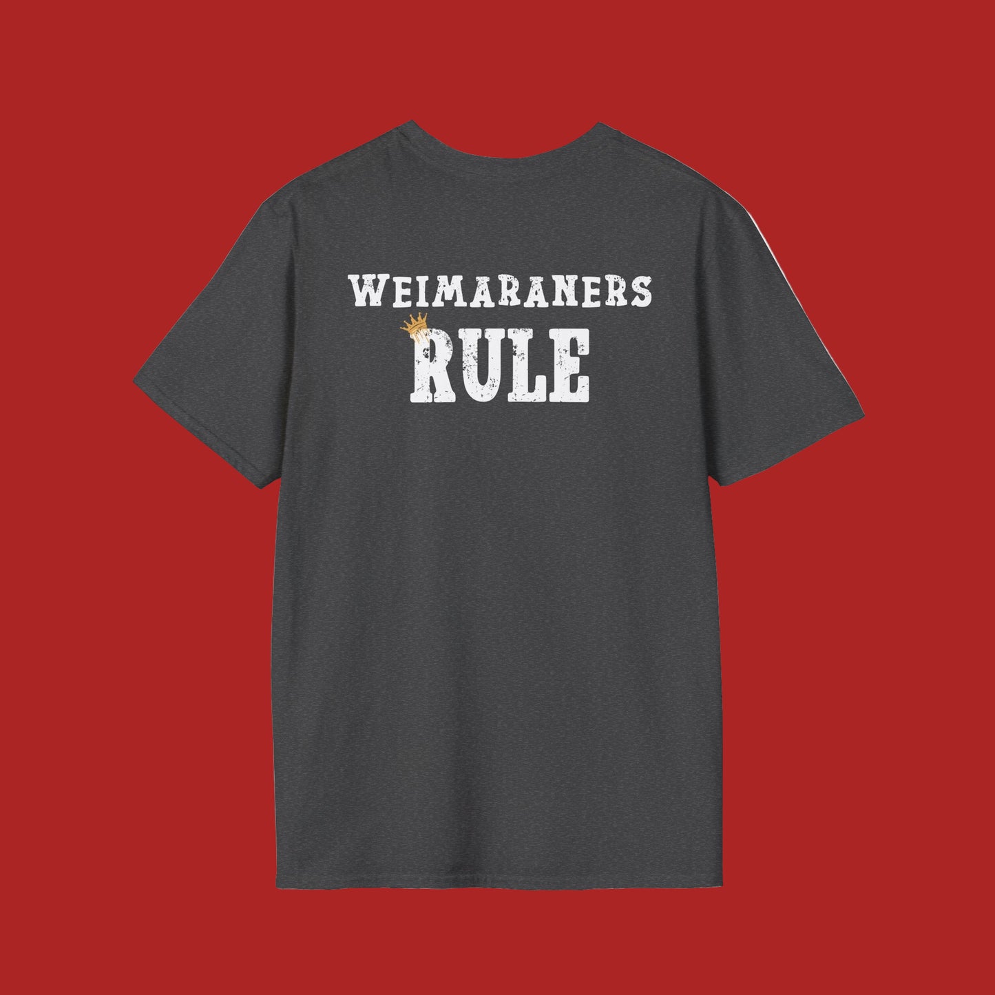 Black t-shirt with 'WEIMARANERS RULE' text on a white background