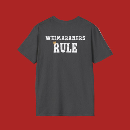 Black t-shirt with 'WEIMARANERS RULE' text on a white background