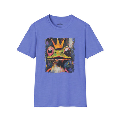 Blue t-shirt with a colorful frog graphic on a white background