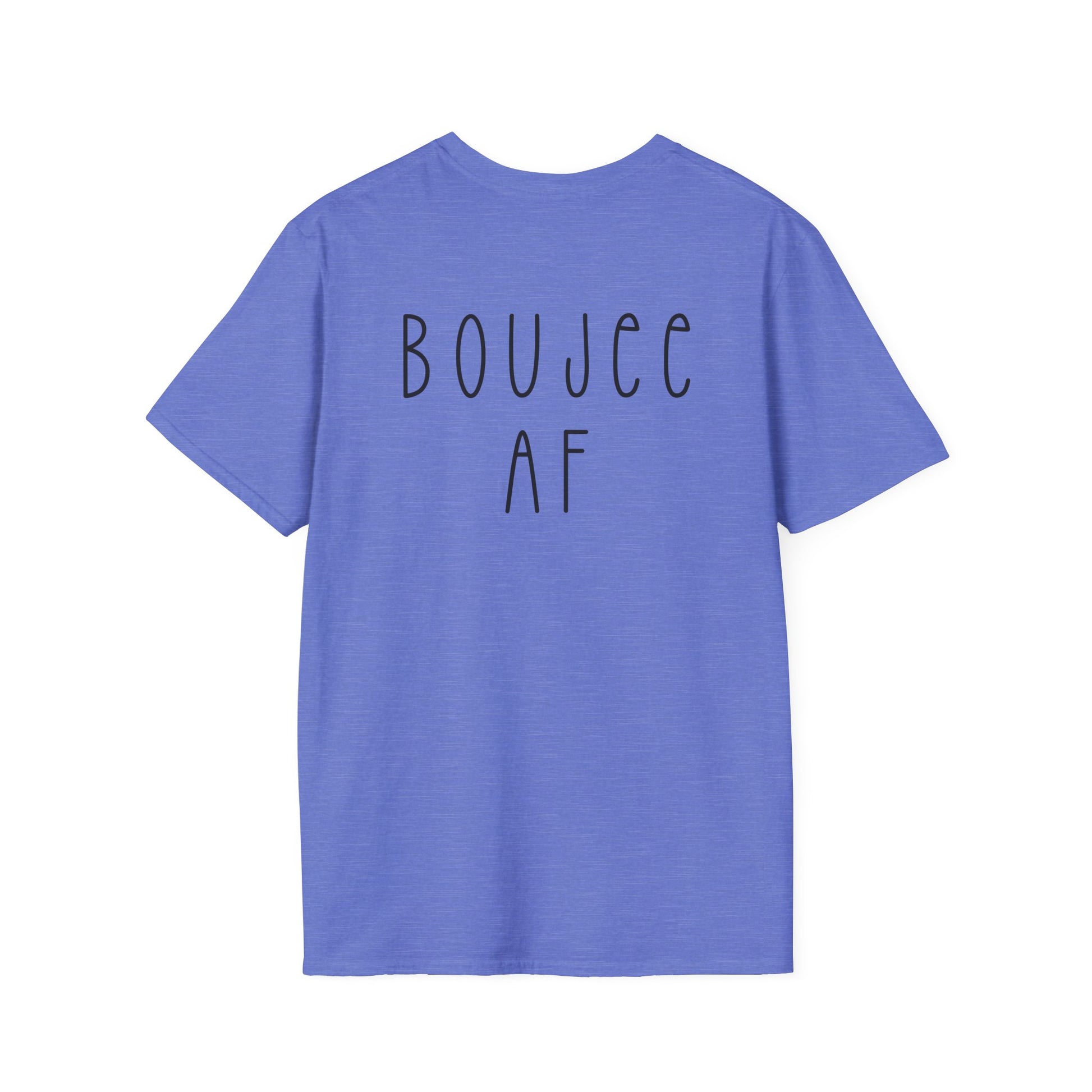 Blue t-shirt with 'BOUJEE AF' text on the back against a white background