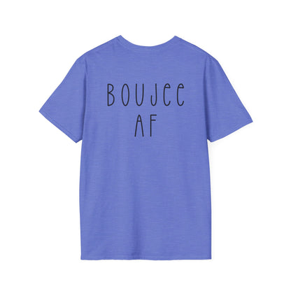 Blue t-shirt with 'BOUJEE AF' text on the back against a white background