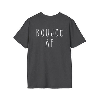 Black t-shirt with 'BOUJEE AF' text on the back against a white background