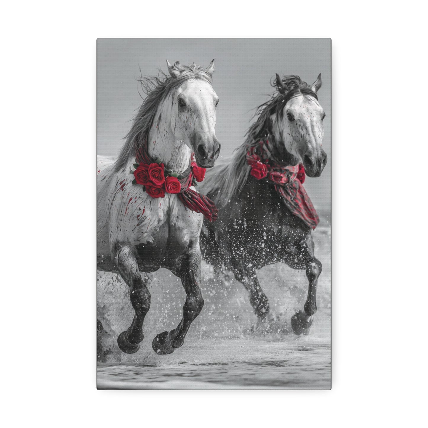 Crimson Tide Run-Running Horse Wall Art Print, Horse Pair Canvas, Floral Beach Horse Decor, Black and White Western Artwork