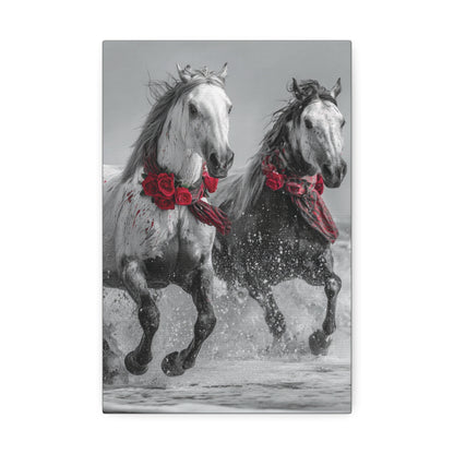 Crimson Tide Run-Running Horse Wall Art Print, Horse Pair Canvas, Floral Beach Horse Decor, Black and White Western Artwork