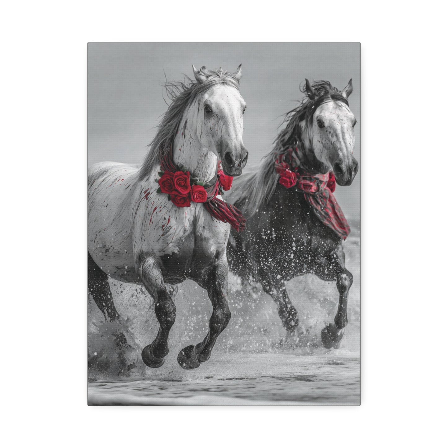 Crimson Tide Run-Running Horse Wall Art Print, Horse Pair Canvas, Floral Beach Horse Decor, Black and White Western Artwork