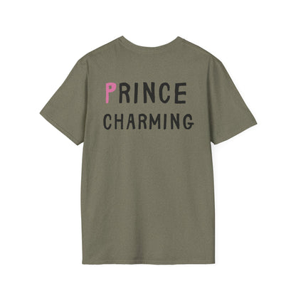 Green t-shirt with 'PRINCE CHARMING' text on the back against a white background