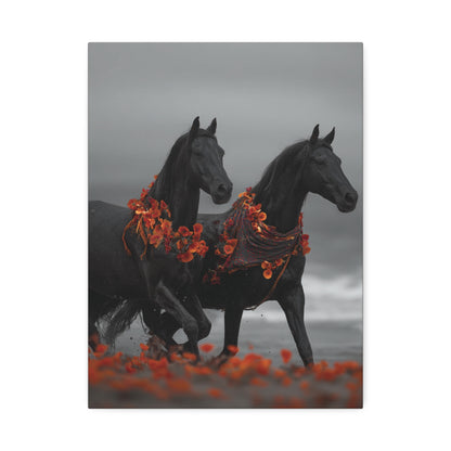 Autumn Noir-Black Horse Wall Art Print, Running Horse Pair Canvas, Floral Boho Horse Decor, Western Animal Artwork